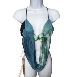 Y2k Sexy Cropped  Blue Green Tie Dye Mesh Butterfly Halter Top Large Rave Baddie